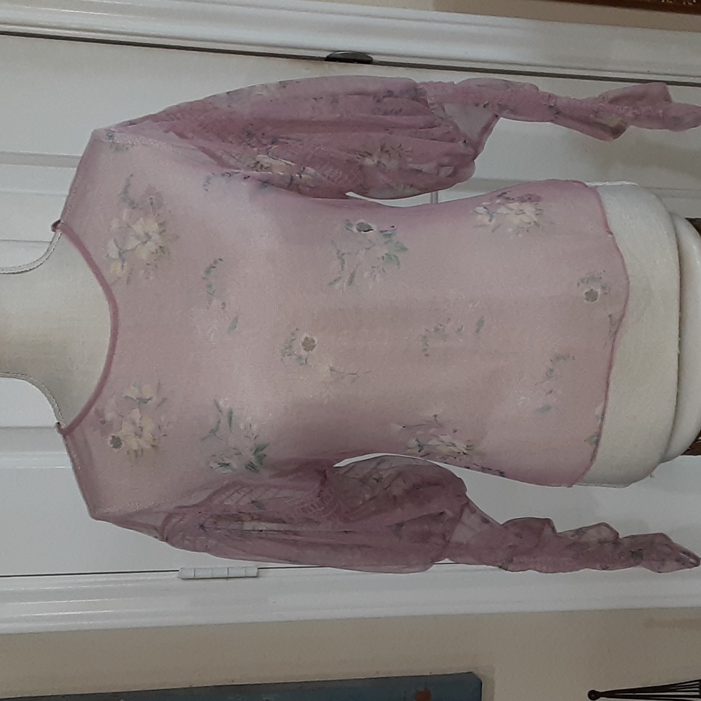 NWT Zara Pink Floral Sheer Mesh Tulle Blouse Balloon Sleeve S